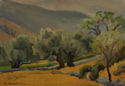 Kefalonia Olive Trees in Rain — Oil painting, Fiberboard, 38.00×55.00cm — Theodoros Markellos